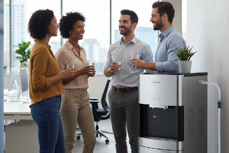 Office team drinking water from dispenser
